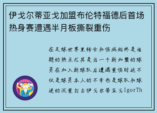 伊戈尔蒂亚戈加盟布伦特福德后首场热身赛遭遇半月板撕裂重伤